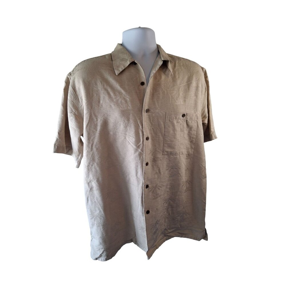 Vintage Utopia Mens Button Up Shirt Beige M  Silk Palm Tree Beach Island Resort